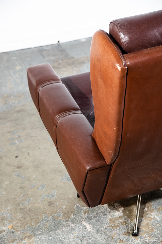Mid Century Danish Modern Lounge Chair Swivel Brown Leather Svend Skipper Metal - Image 6