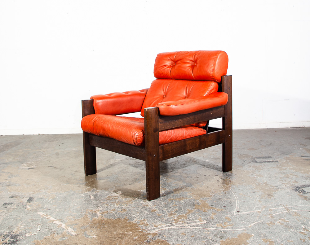 Mid Century Danish Modern Lounge Chair Orange Leather Scandanavian Arm Denmark - Image 4