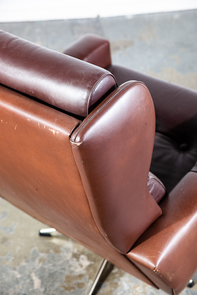 Mid Century Danish Modern Lounge Chair Swivel Brown Leather Svend Skipper Metal - Image 9
