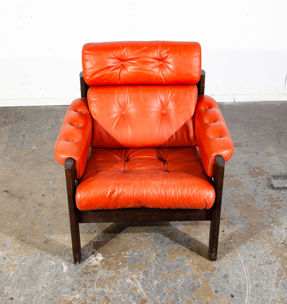 Mid Century Danish Modern Lounge Chair Orange Leather Scandanavian Arm Denmark - Image 9