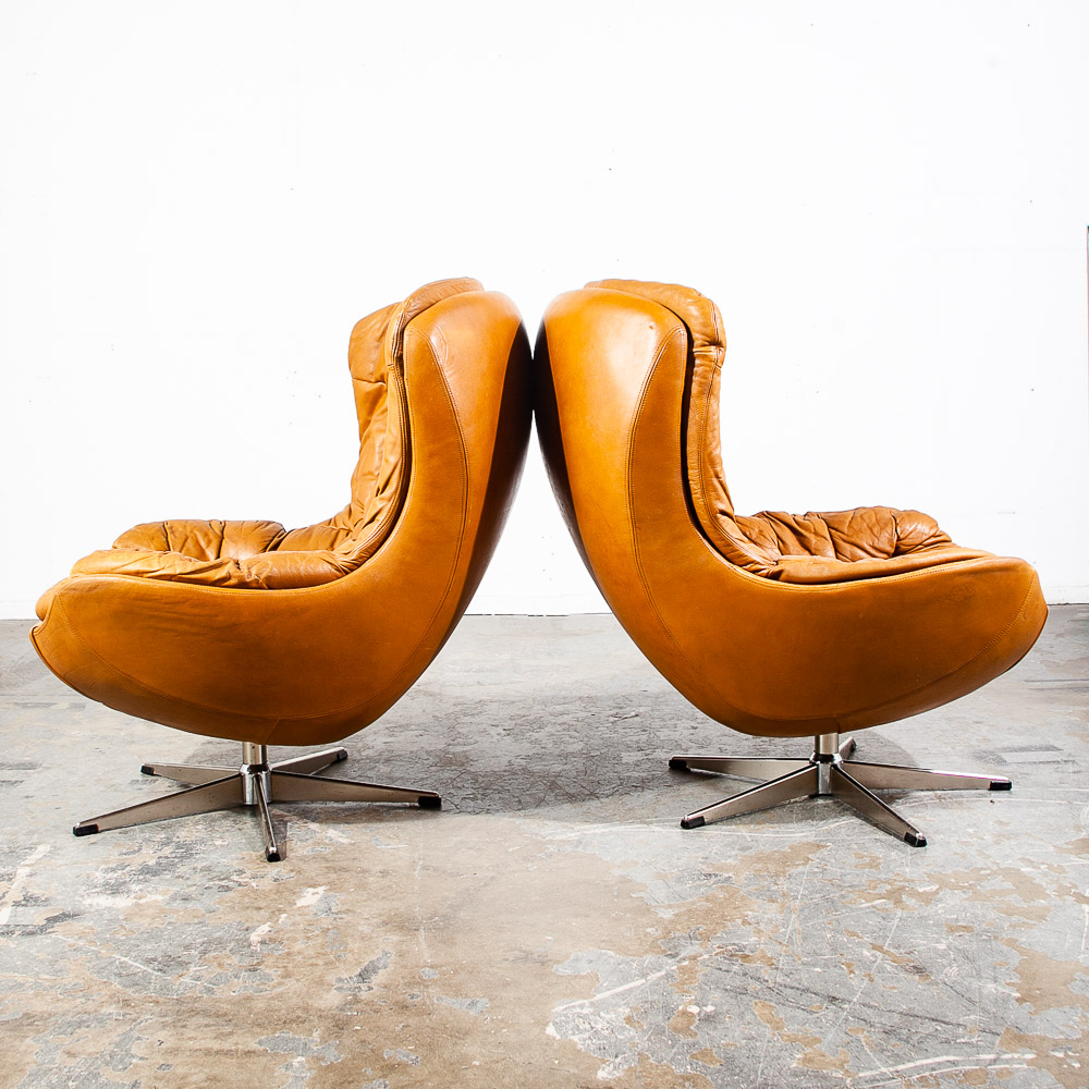 Mid Century Danish Modern Lounge Chair Set Caramel Lystolet Leather Tan Egg Mcm - Image 3