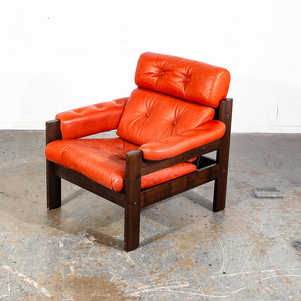 Mid Century Danish Modern Lounge Chair Orange Leather Scandanavian Arm Denmark - Image 2