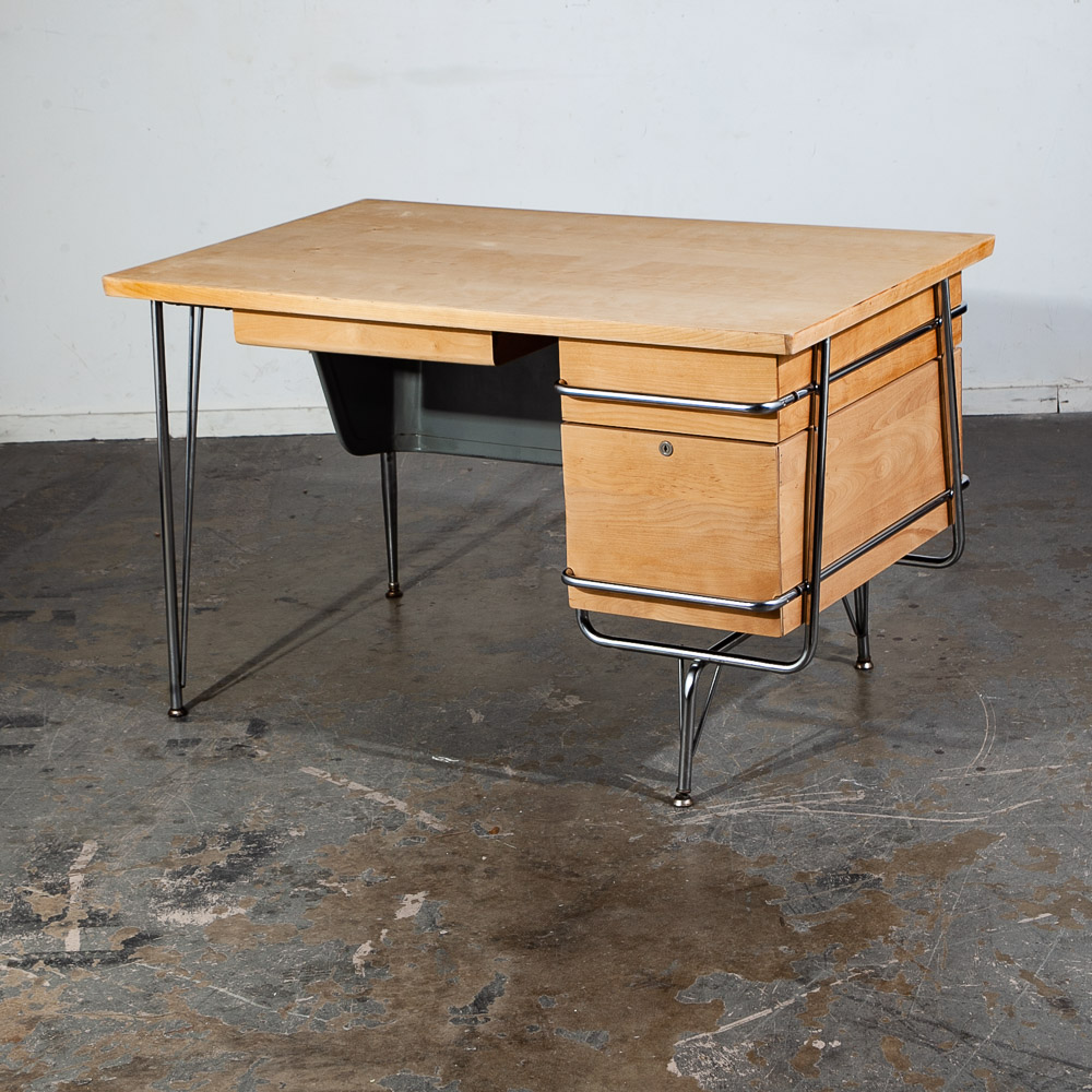 Mid Century Modern Desk Kem Weber Trimline Metal Solid Birch Heywood Wakefield