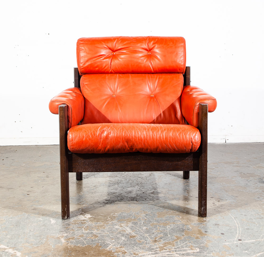 Mid Century Danish Modern Lounge Chair Orange Leather Scandanavian Arm Denmark