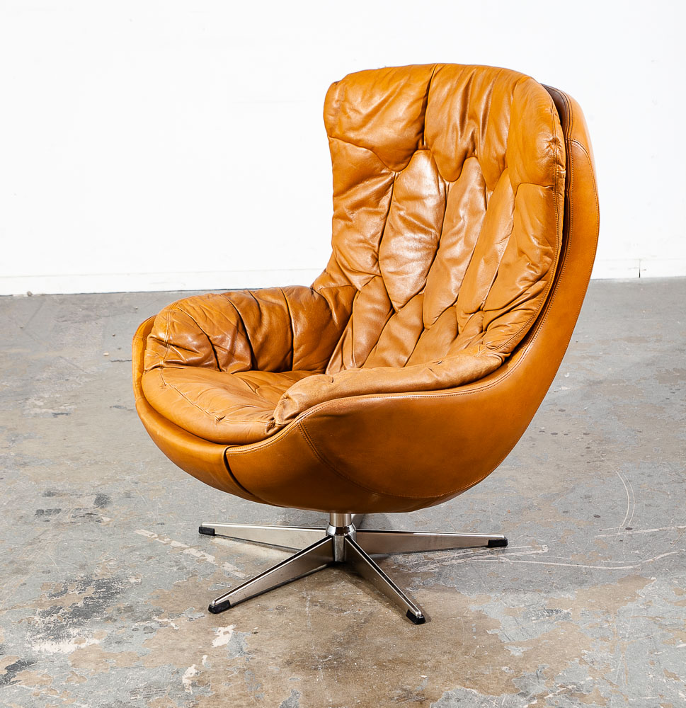 Mid Century Danish Modern Lounge Chair Set Caramel Lystolet Leather Tan Egg Mcm - Image 6