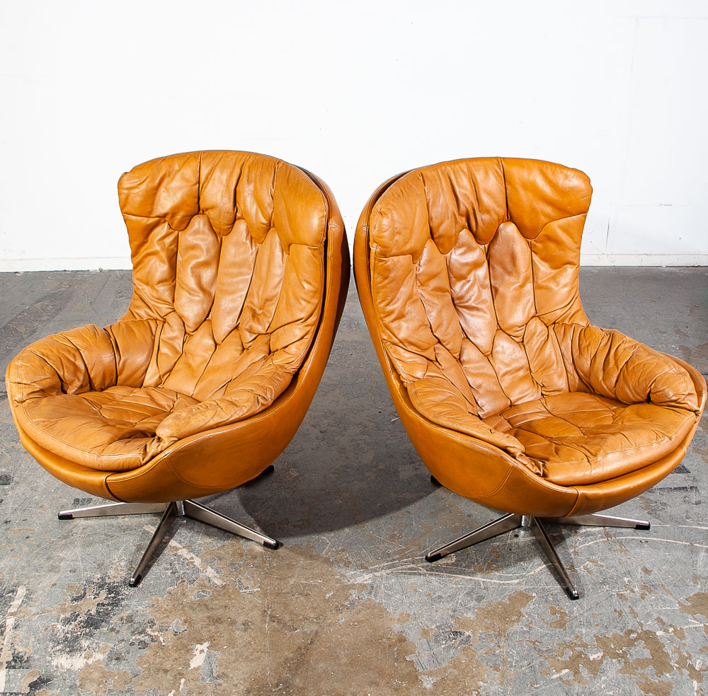 Mid Century Danish Modern Lounge Chair Set Caramel Lystolet Leather Tan Egg Mcm - Image 2