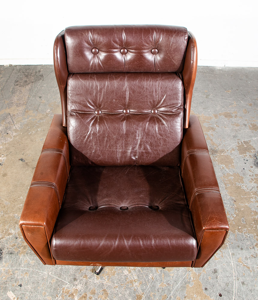 Mid Century Danish Modern Lounge Chair Swivel Brown Leather Svend Skipper Metal - Image 10