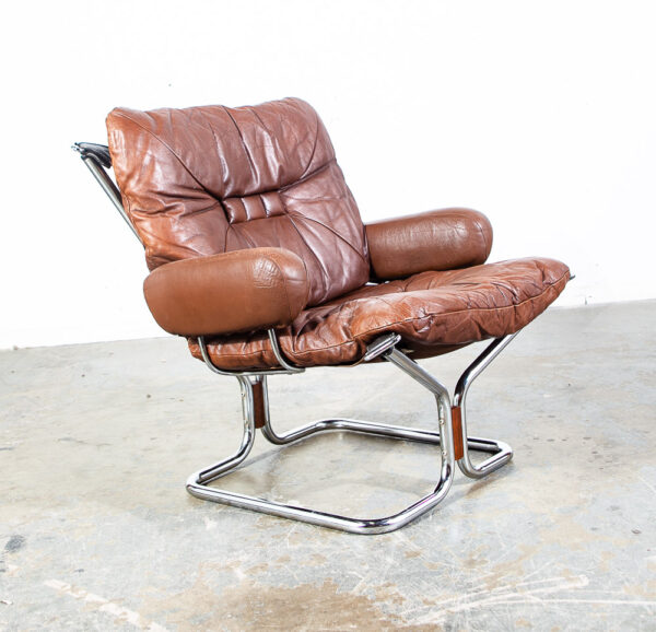 Mid Century Danish Modern Lounge Chair Brown Leather Ingmar Relling Westnofa Arm