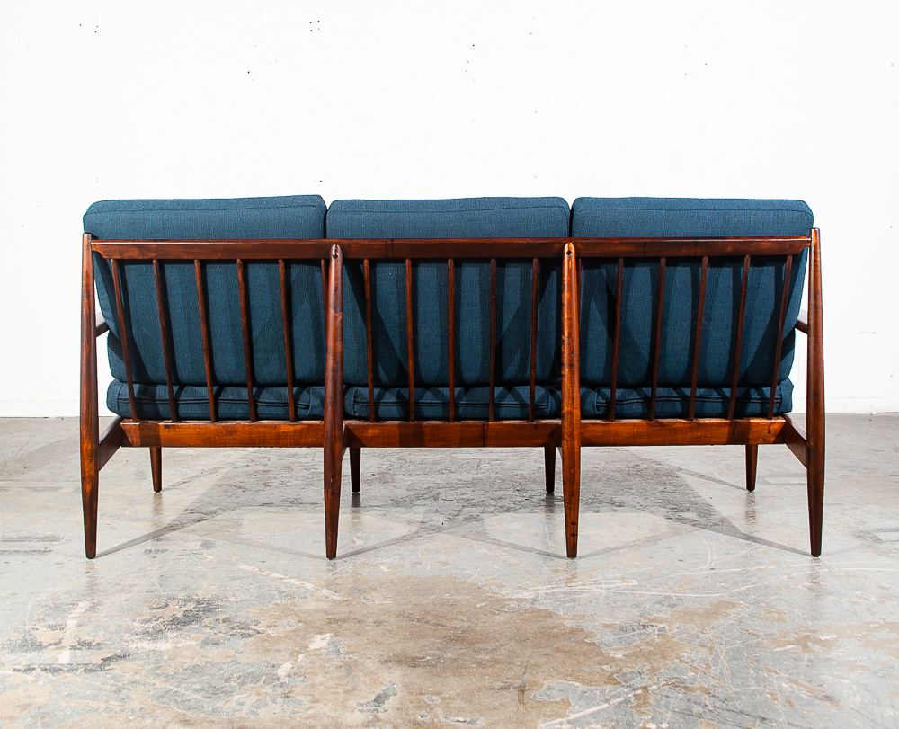 Mid Century Modern Sofa Couch Viko Baumritter Spindle Blue Brown Danish 3 Seat - Image 5