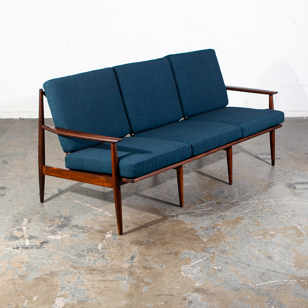 Mid Century Modern Sofa Couch Viko Baumritter Spindle Blue Brown Danish 3 Seat