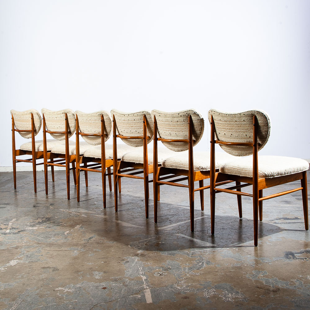 Mid Century Modern Dining Chairs Set 6 Brown Saltman Solid Walnut Wool White Mcm - Image 2