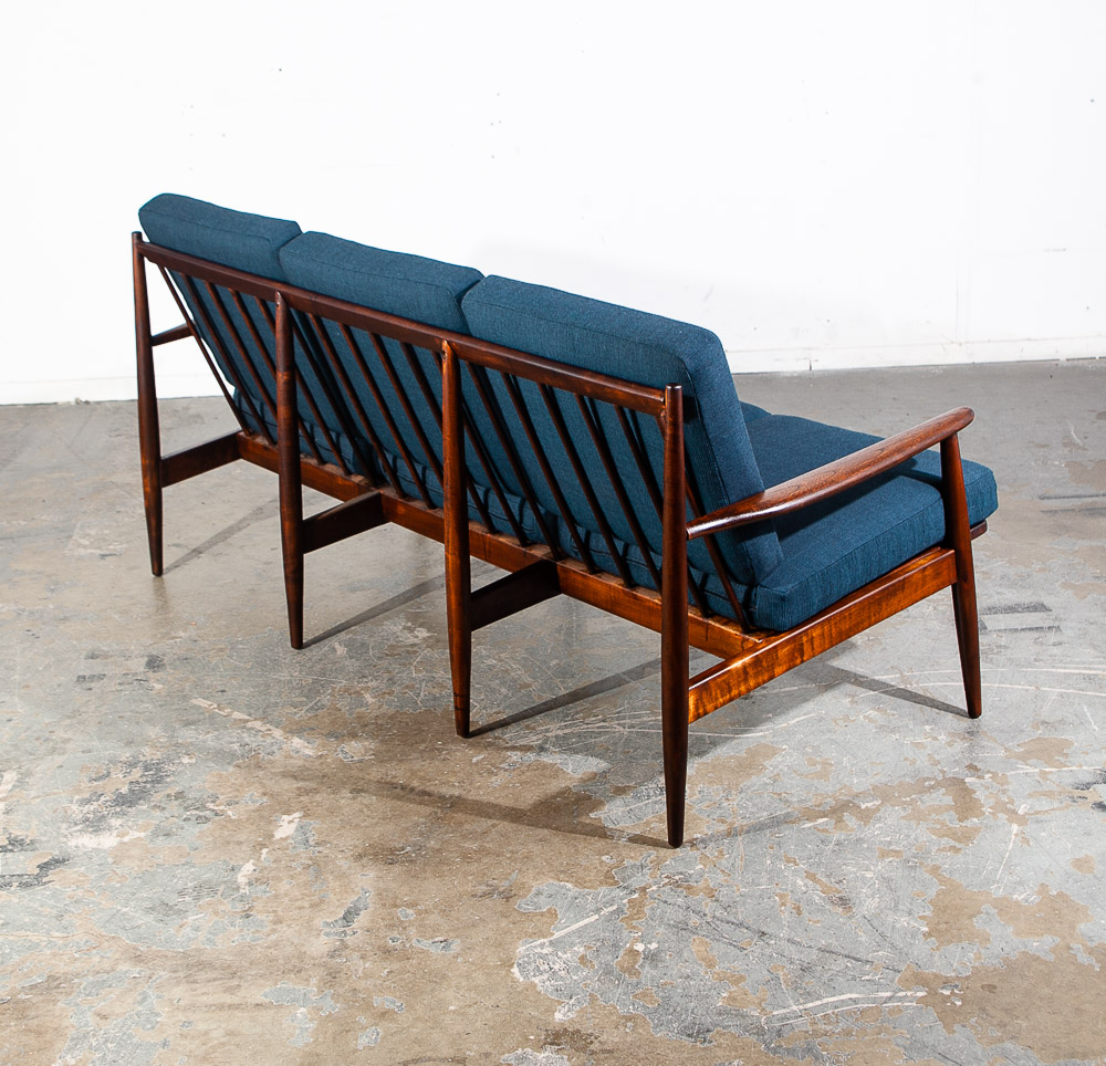 Mid Century Modern Sofa Couch Viko Baumritter Spindle Blue Brown Danish 3 Seat - Image 4