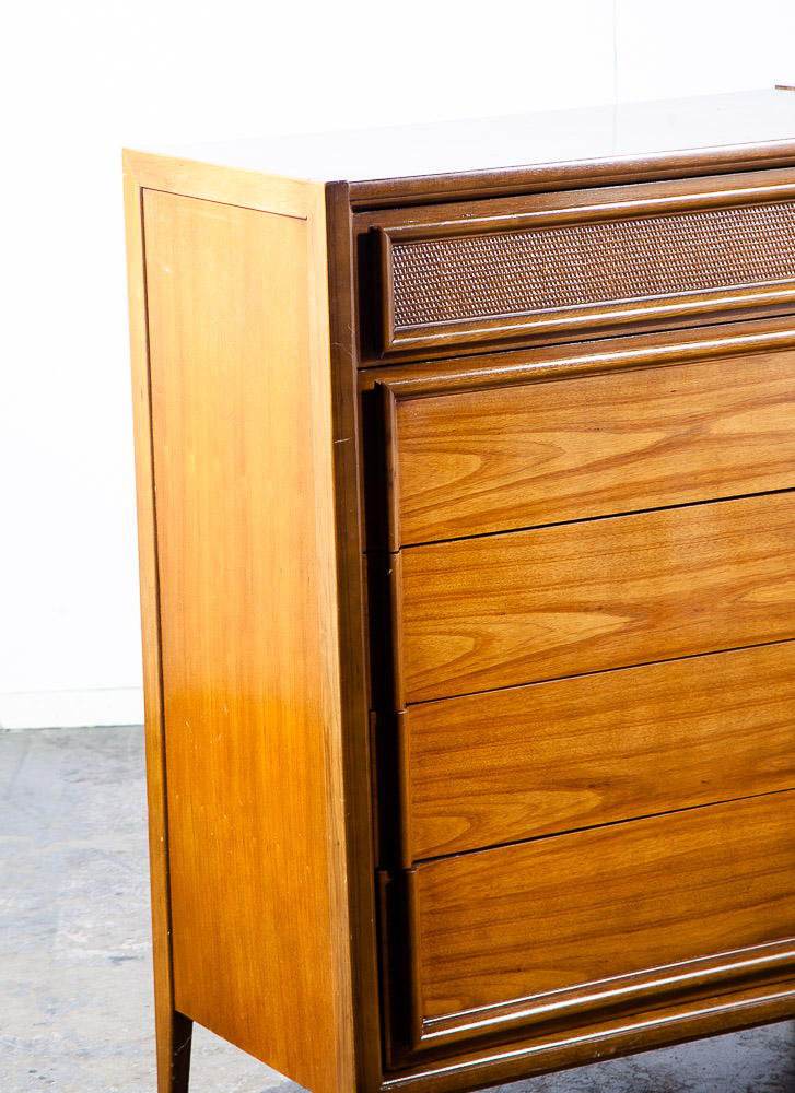 Mid Century Modern Highboy Dresser Thomasville 5 Drawer Walnut Cane Mcm Danish - Image 6