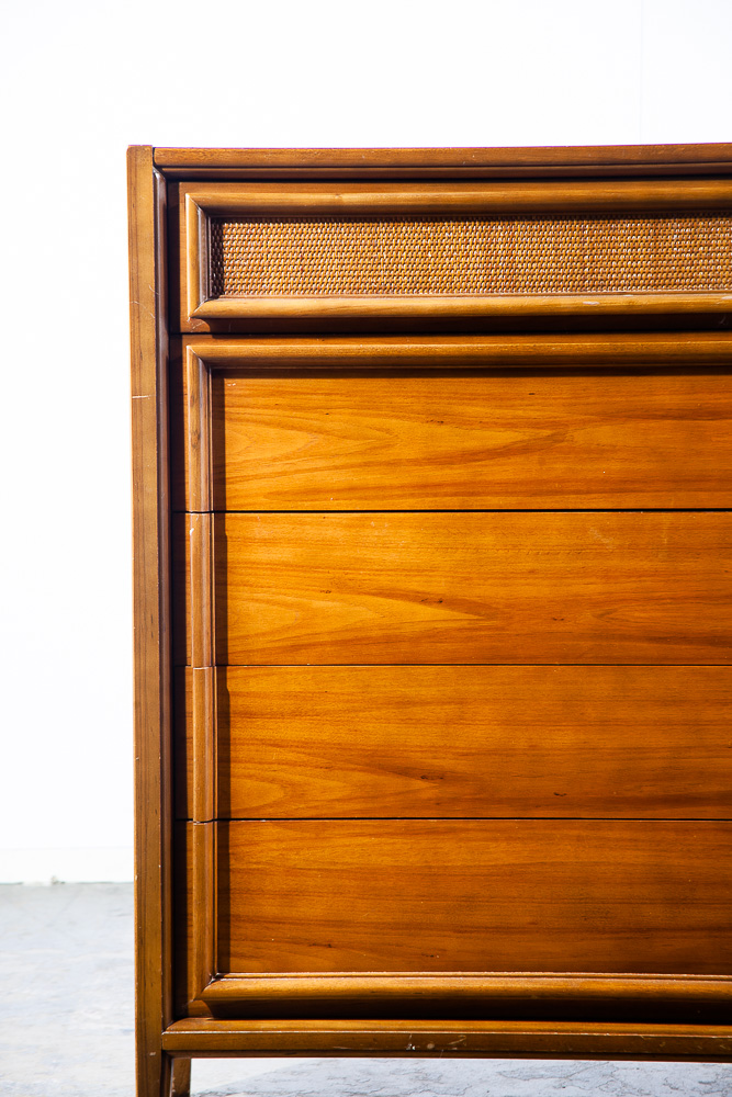 Mid Century Modern Highboy Dresser Thomasville 5 Drawer Walnut Cane Mcm Danish - Image 7