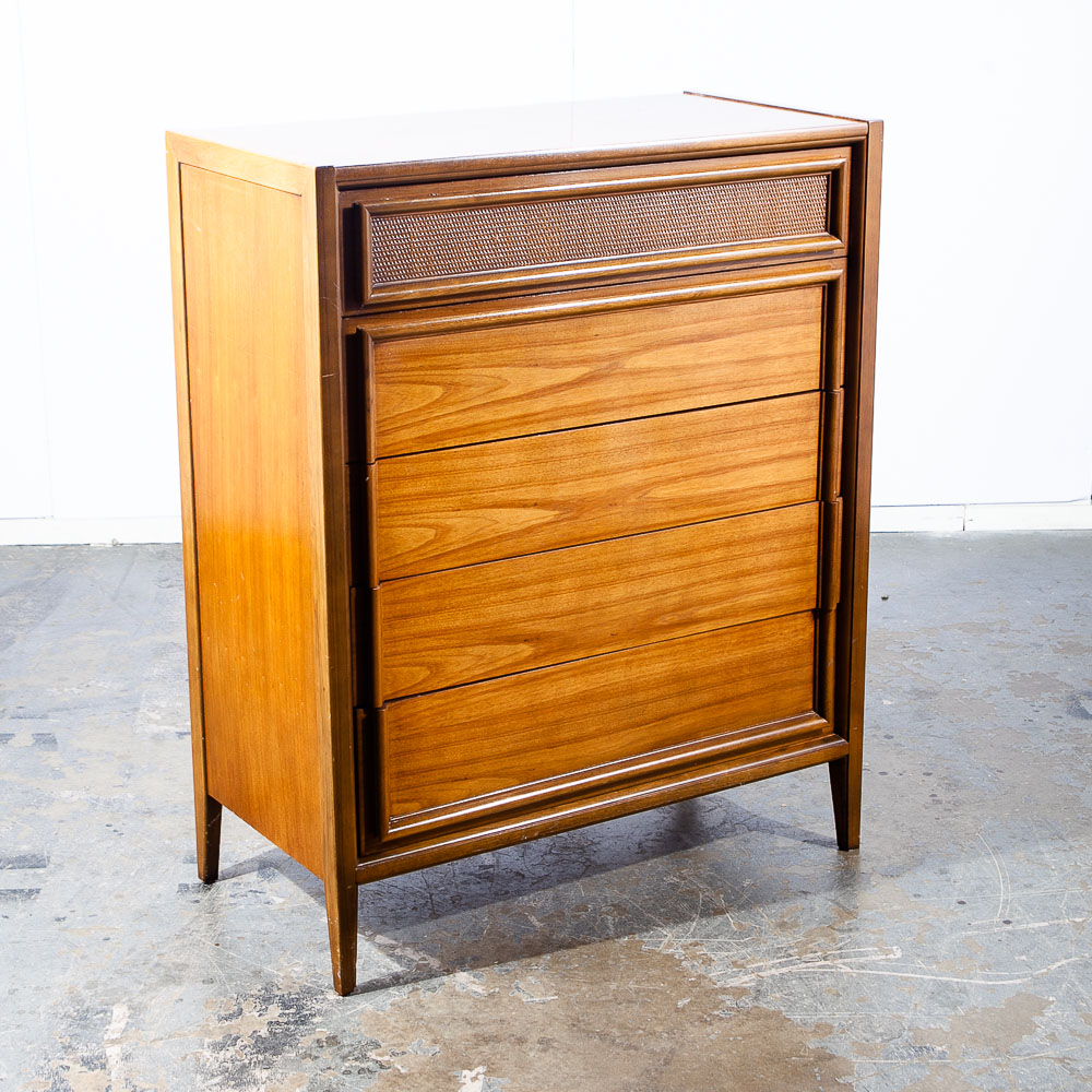 Mid Century Modern Highboy Dresser Thomasville 5 Drawer Walnut Cane Mcm Danish