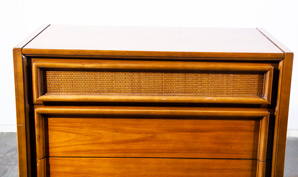 Mid Century Modern Highboy Dresser Thomasville 5 Drawer Walnut Cane Mcm Danish - Image 5