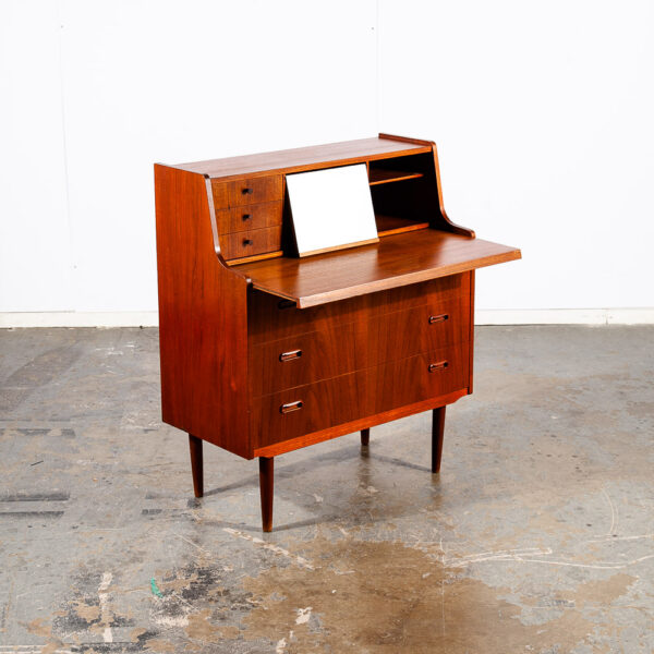 Mid Century Danish Modern Secretary Desk Teak Mirror Desk Denmark Drawers Shelf - Image 3