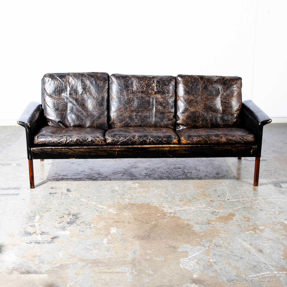 Mid Century Danish Modern Sofa Couch Leather Hans Olsen Black Arm Glostrup Worn - Image 2