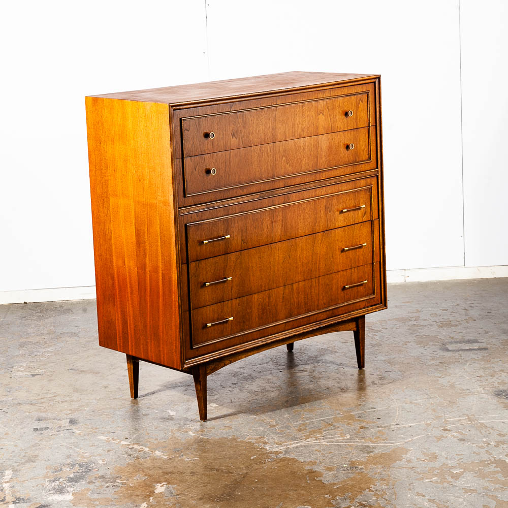 Mid Century Modern Dresser Highboy 5 Drawer Bassett Walnut Broyhill High Danish