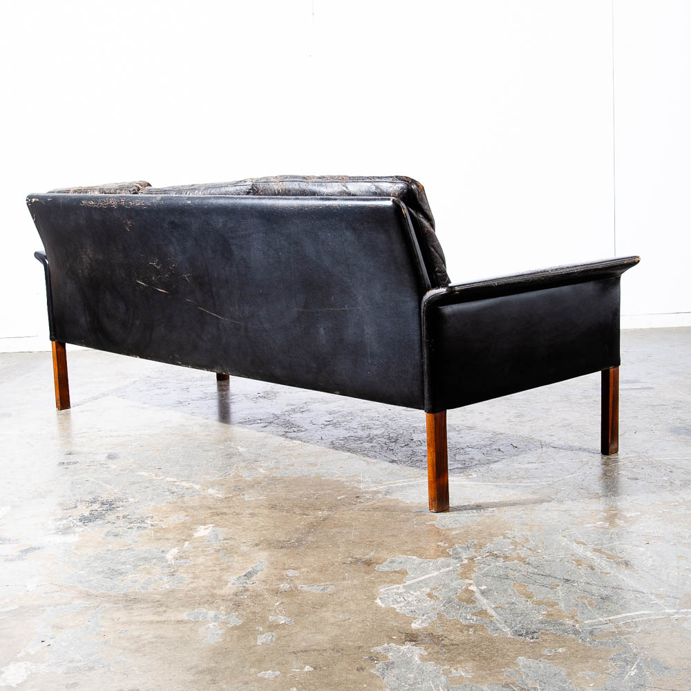 Mid Century Danish Modern Sofa Couch Leather Hans Olsen Black Arm Glostrup Worn - Image 3