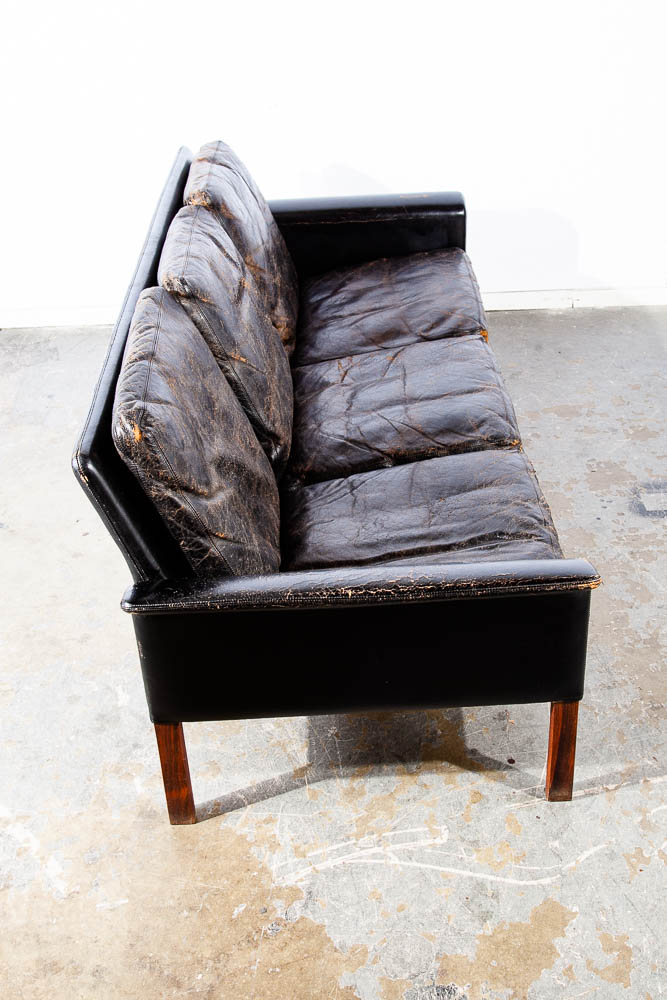 Mid Century Danish Modern Sofa Couch Leather Hans Olsen Black Arm Glostrup Worn - Image 6