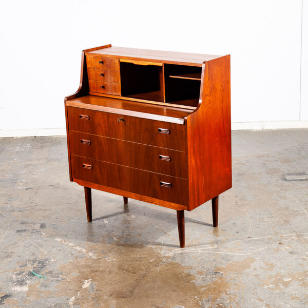 Mid Century Danish Modern Secretary Desk Teak Mirror Desk Denmark Drawers Shelf - Image 4