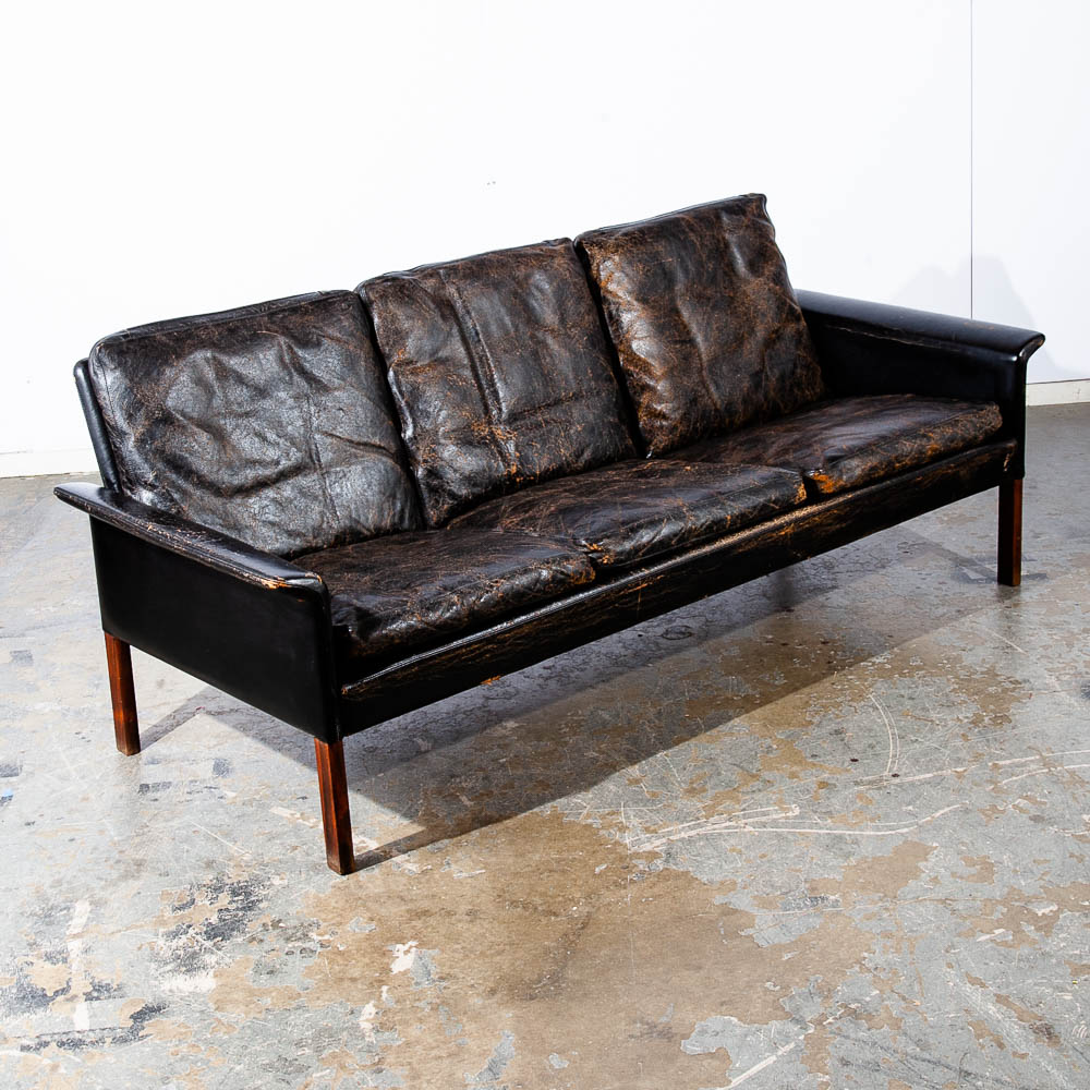 Mid Century Danish Modern Sofa Couch Leather Hans Olsen Black Arm Glostrup Worn - Image 9