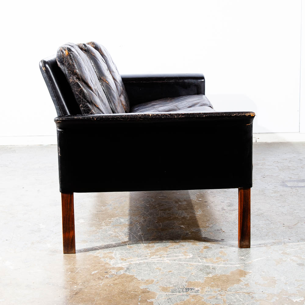 Mid Century Danish Modern Sofa Couch Leather Hans Olsen Black Arm Glostrup Worn - Image 11