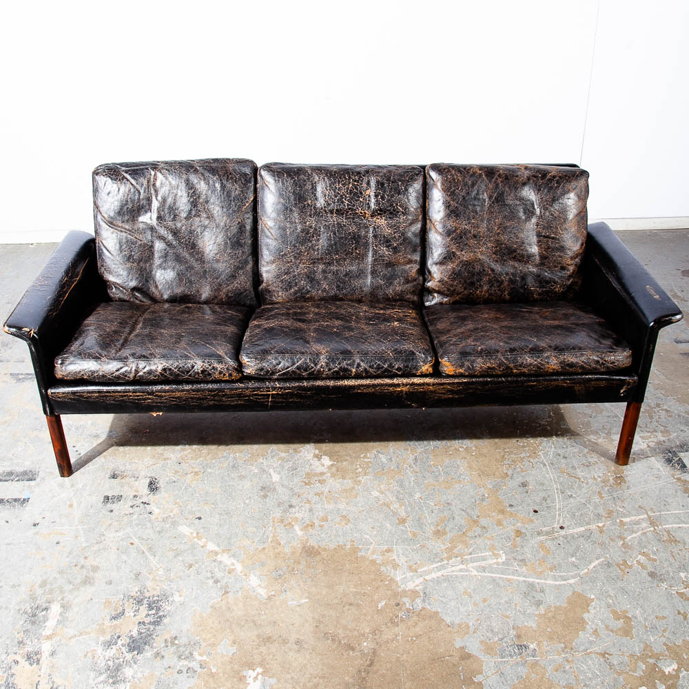 Mid Century Danish Modern Sofa Couch Leather Hans Olsen Black Arm Glostrup Worn - Image 4