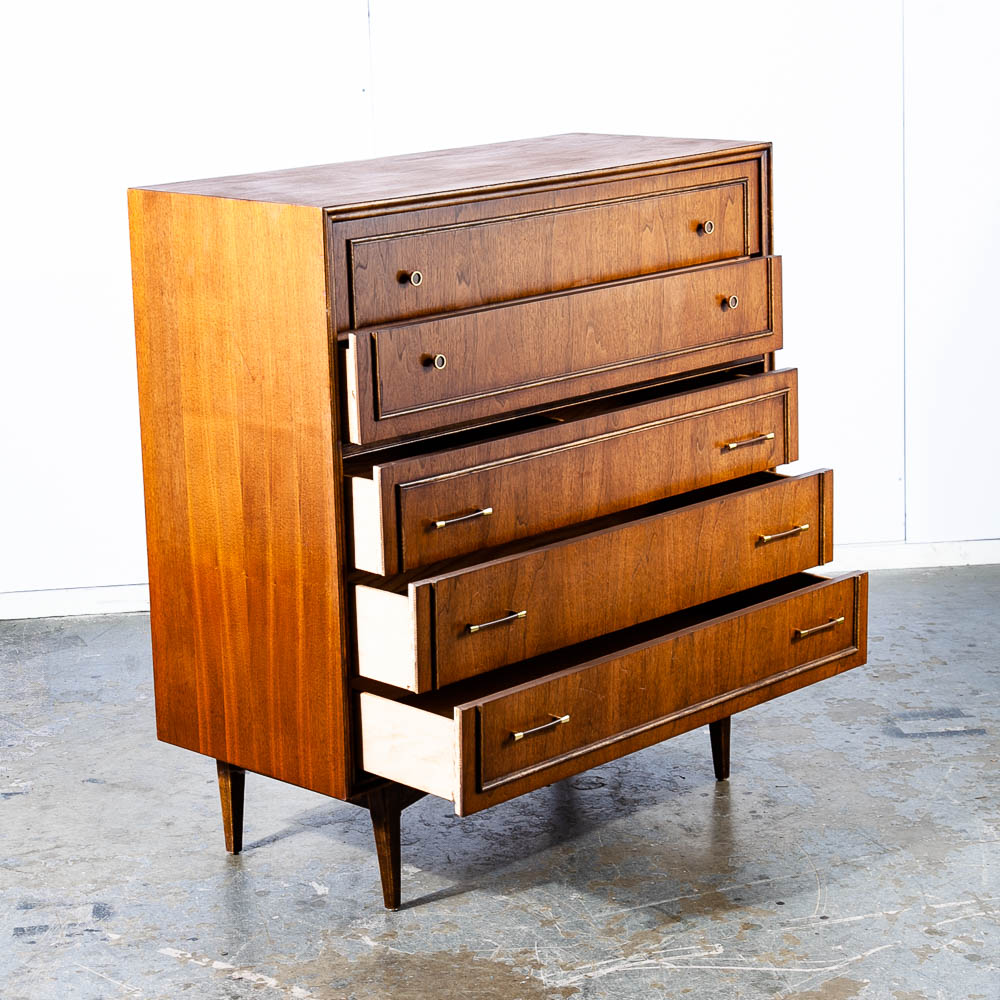 Mid Century Modern Dresser Highboy 5 Drawer Bassett Walnut Broyhill High Danish - Image 3