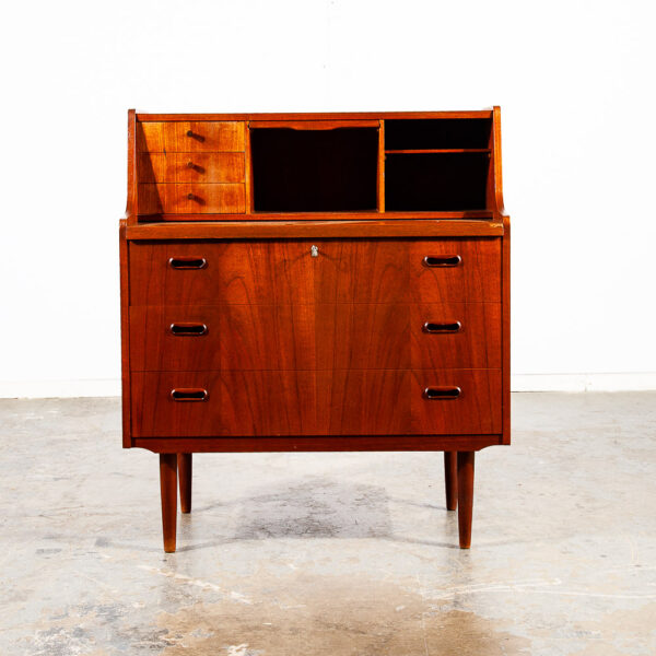Mid Century Danish Modern Secretary Desk Teak Mirror Desk Denmark Drawers Shelf - Image 2