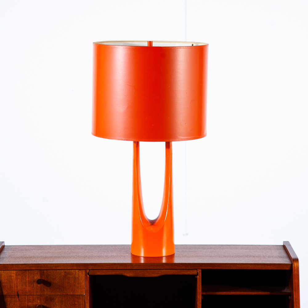 Mid Century Modern Table Lamp Enamel Orange Light Vintage Atomic Architectural - Image 2
