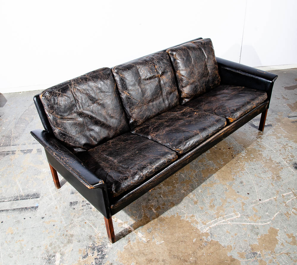 Mid Century Danish Modern Sofa Couch Leather Hans Olsen Black Arm Glostrup Worn - Image 5