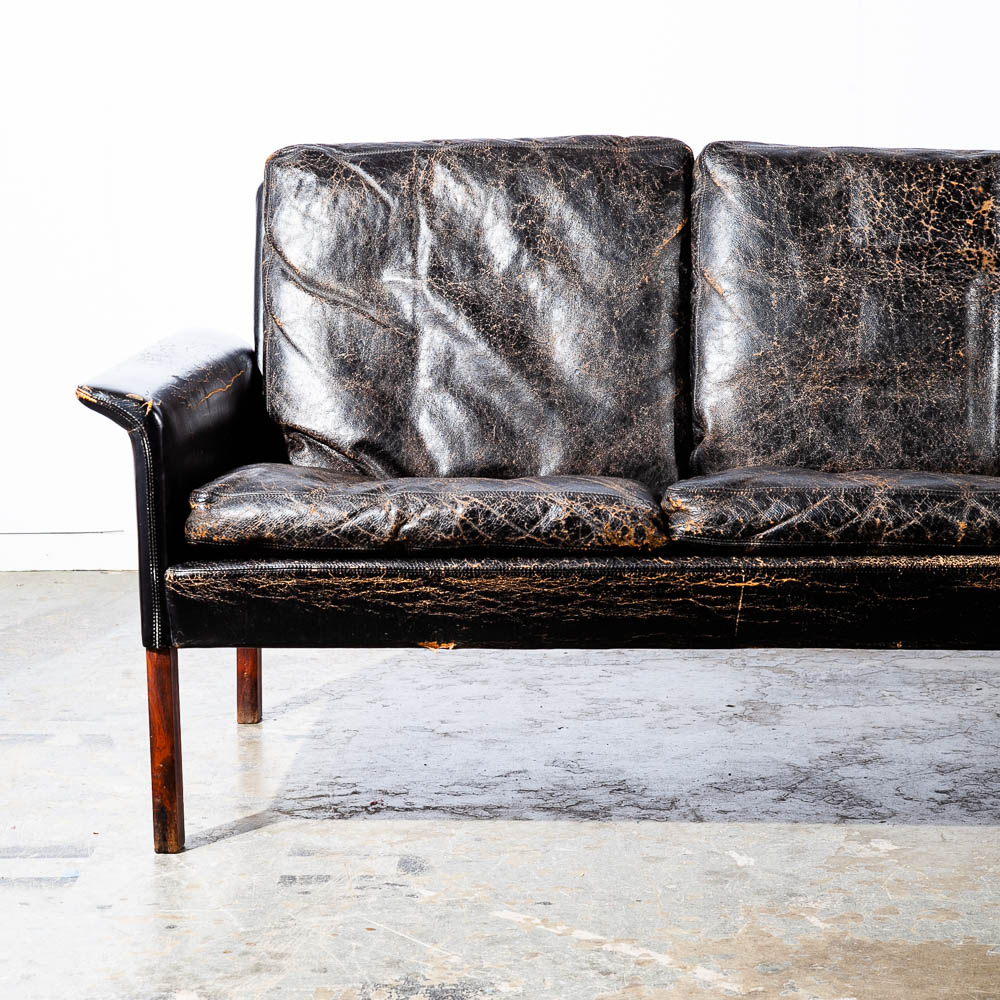 Mid Century Danish Modern Sofa Couch Leather Hans Olsen Black Arm Glostrup Worn - Image 8