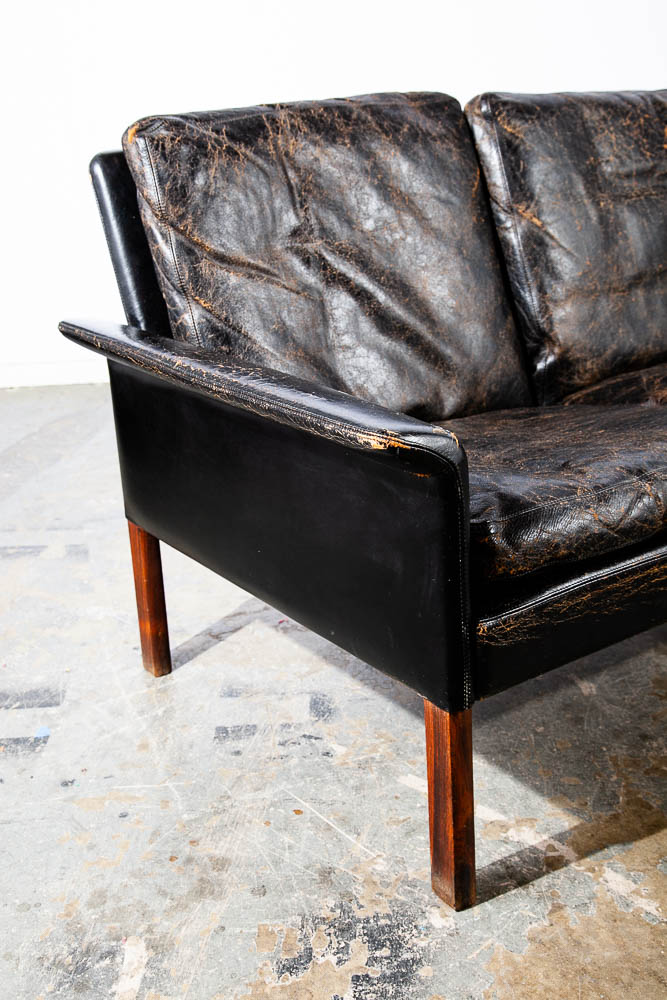 Mid Century Danish Modern Sofa Couch Leather Hans Olsen Black Arm Glostrup Worn - Image 7