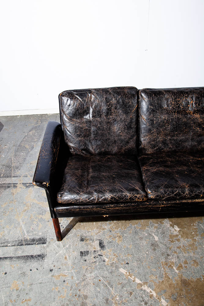 Mid Century Danish Modern Sofa Couch Leather Hans Olsen Black Arm Glostrup Worn - Image 10