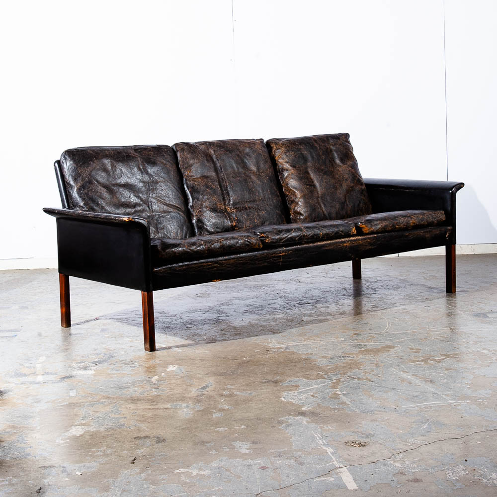 Mid Century Danish Modern Sofa Couch Leather Hans Olsen Black Arm Glostrup Worn