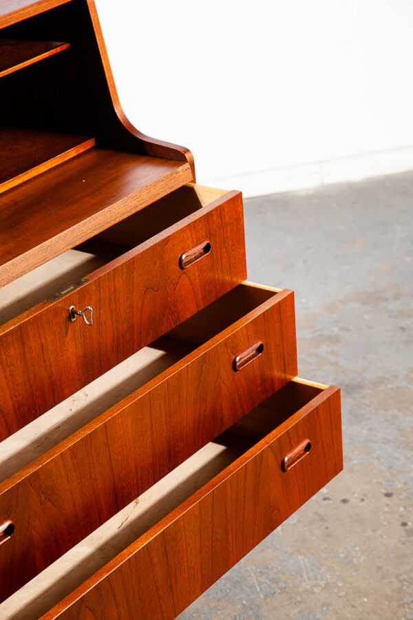 Mid Century Danish Modern Secretary Desk Teak Mirror Desk Denmark Drawers Shelf - Image 11