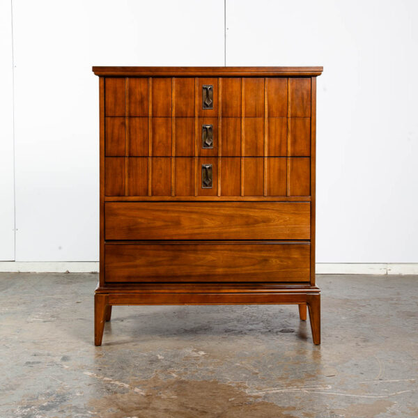 Mid Century Modern Dresser Highboy Dixie Walnut 5 Drawer Wood Brass Chest Handle