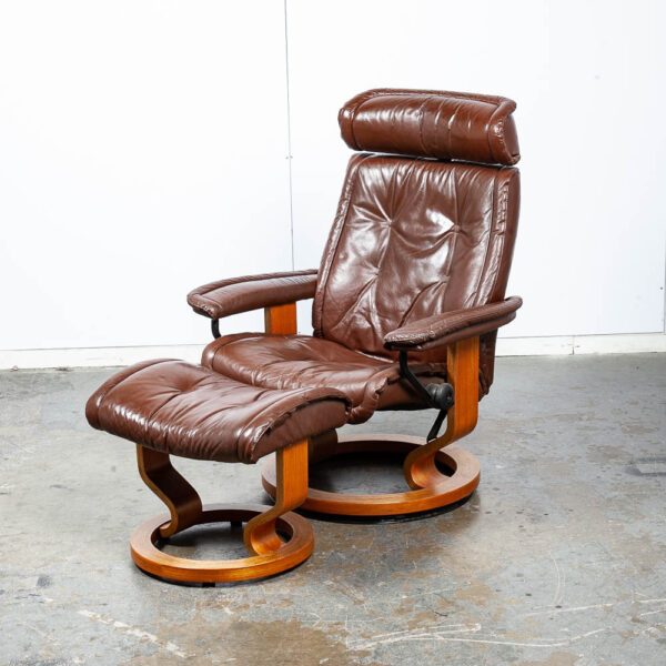 Mid Century Danish Modern Lounge Chair Leather Ekornes Brown Ottoman Recliner