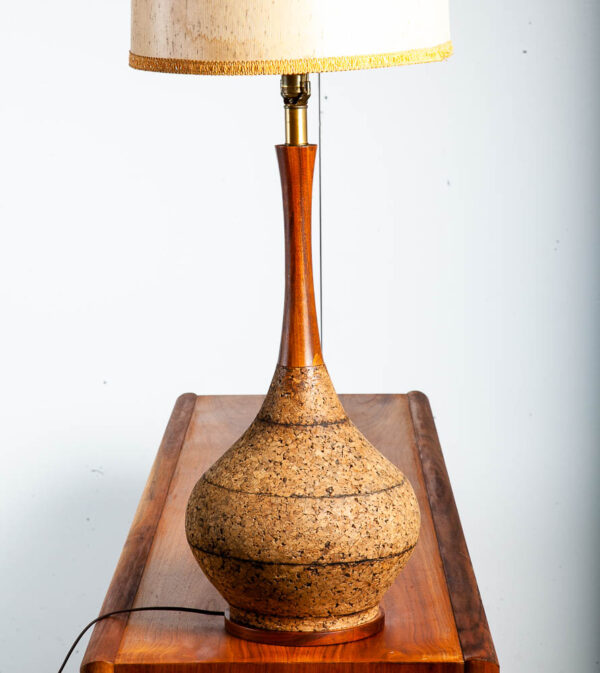Mid Century Modern Table Lamp Solid Walnut Wood Cork 70s Round Light Lighting 1