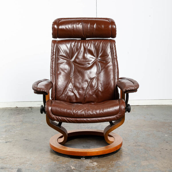 Mid Century Danish Modern Lounge Chair Leather Ekornes Brown Ottoman Recliner - Image 5