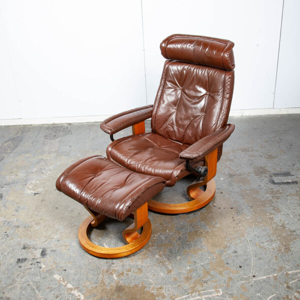Mid Century Danish Modern Lounge Chair Leather Ekornes Brown Ottoman Recliner - Image 2