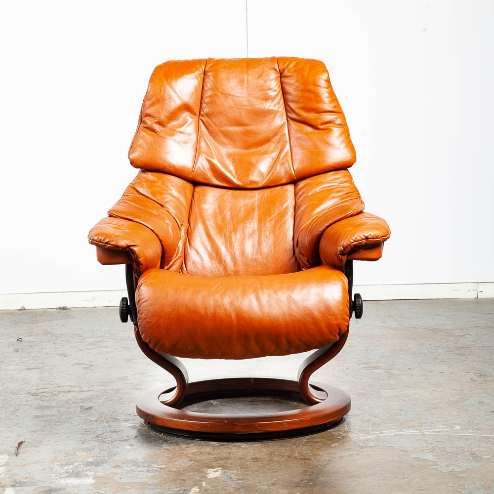 Mid Century Danish Modern Lounge Chair Leather Tan Ekornes Burnt Orange Recliner