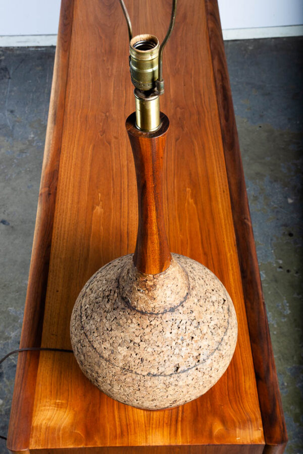 Mid Century Modern Table Lamp Solid Walnut Wood Cork 70s Round Light Lighting 1 - Image 8