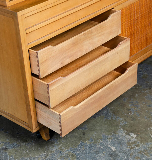 Mid Century Modern China Cabinet Hutch Rway Furniture Cane Ash Display Vintage Sliding Glass Doors Storage Drawers 1950s - Image 9