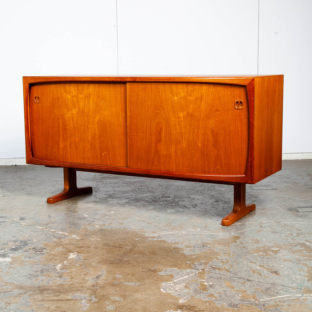 Mid Century Danish Modern Credenza Sideboard Dyrlund Solid Teak Sliding Doors Drawers Sled Storage Vintage