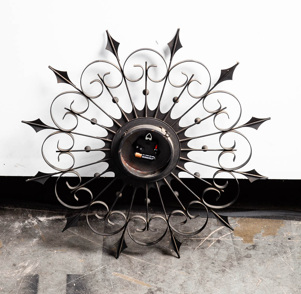 Mid Century Modern Wall Clock Welby Black Iron Metal Starburst Round Oak Working Vintage - Image 5