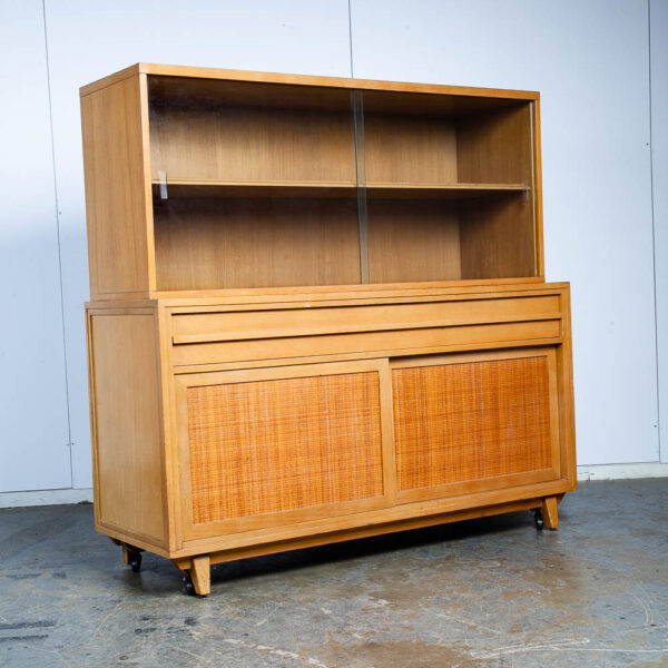 Mid Century Modern China Cabinet Hutch Rway Furniture Cane Ash Display Vintage Sliding Glass Doors Storage Drawers 1950s - Image 5