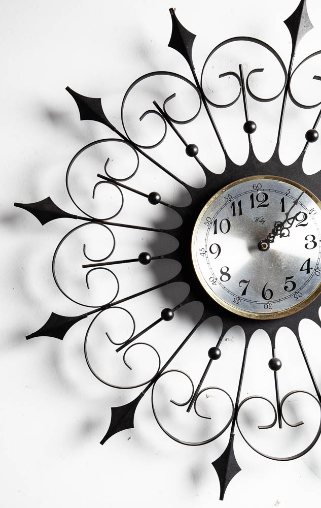 Mid Century Modern Wall Clock Welby Black Iron Metal Starburst Round Oak Working Vintage - Image 12